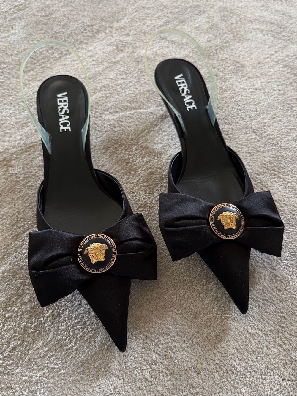 Versace Medusa Bow Embellished Rubber-trimmed Satin Slingback Pumps